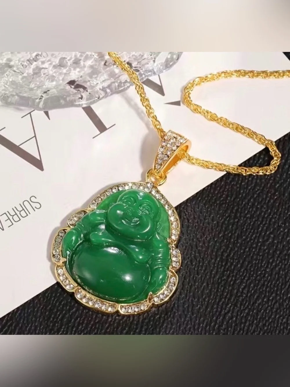 Women Maitreya Buddha Green Stone Zircon Pendant Lucky Amulet Fortune Necklace